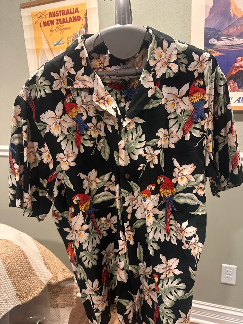 Men's Black Hawaiian Shirt with Floral & Parrot Print- Size XL
